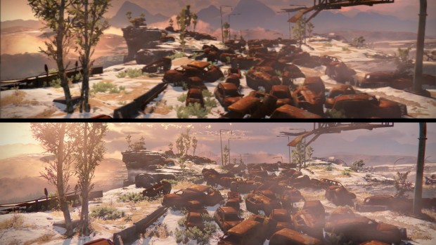 Am Horizont sind gleich viele Objekte in beiden Versionen vorhanden. Mehr Details sind wegen der höheren Auflösung aber auf der PS4 (unten) zu erkennen.